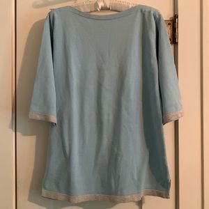 Joan Vass Sweater Tunic in Lovely Blue with Gray trim, 3/4 Sleeves, Great Length